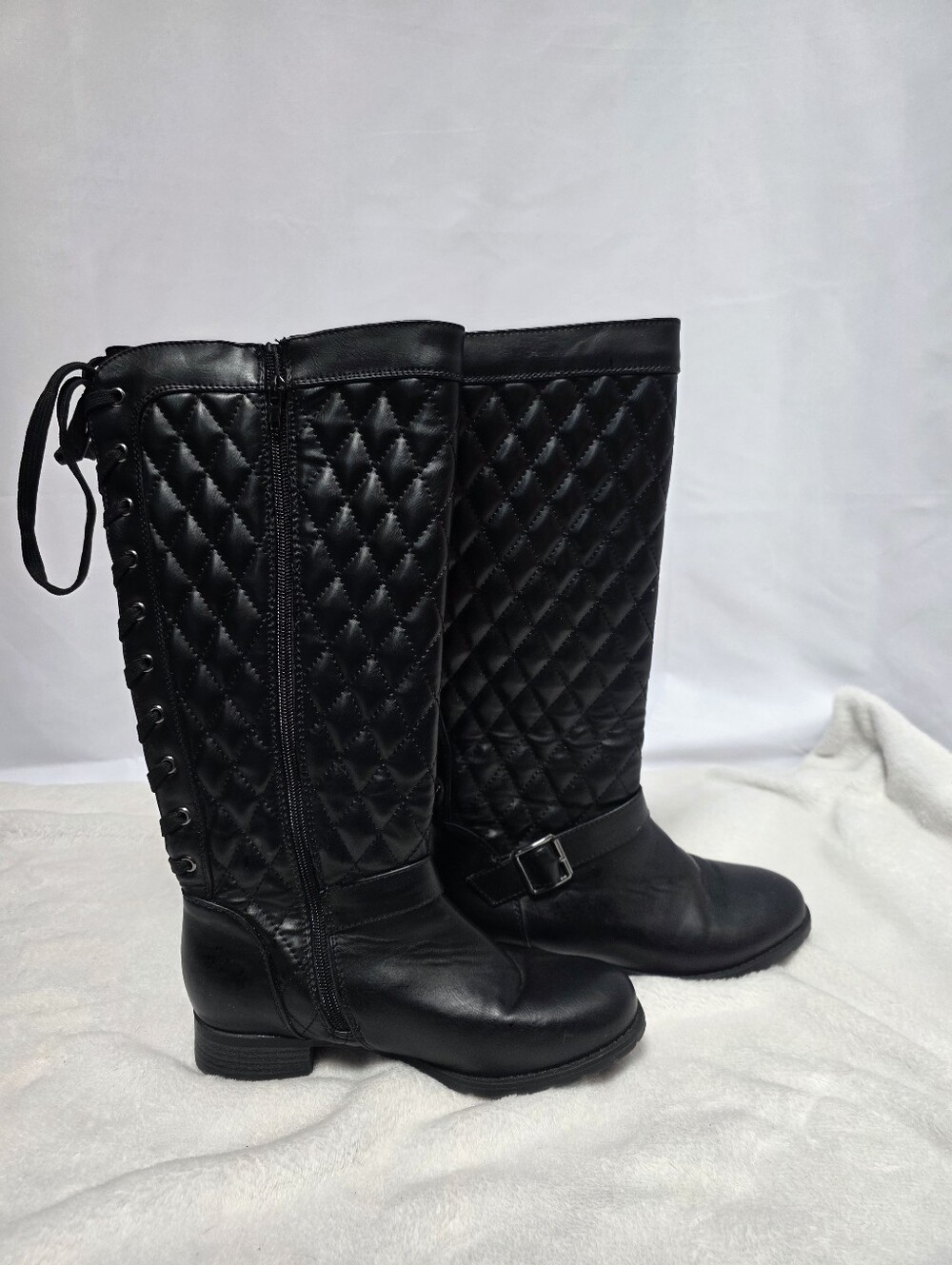 ShoeDazzle Black Quilted Corset Back Knee High Boots Wide Calf Wide Width 8W